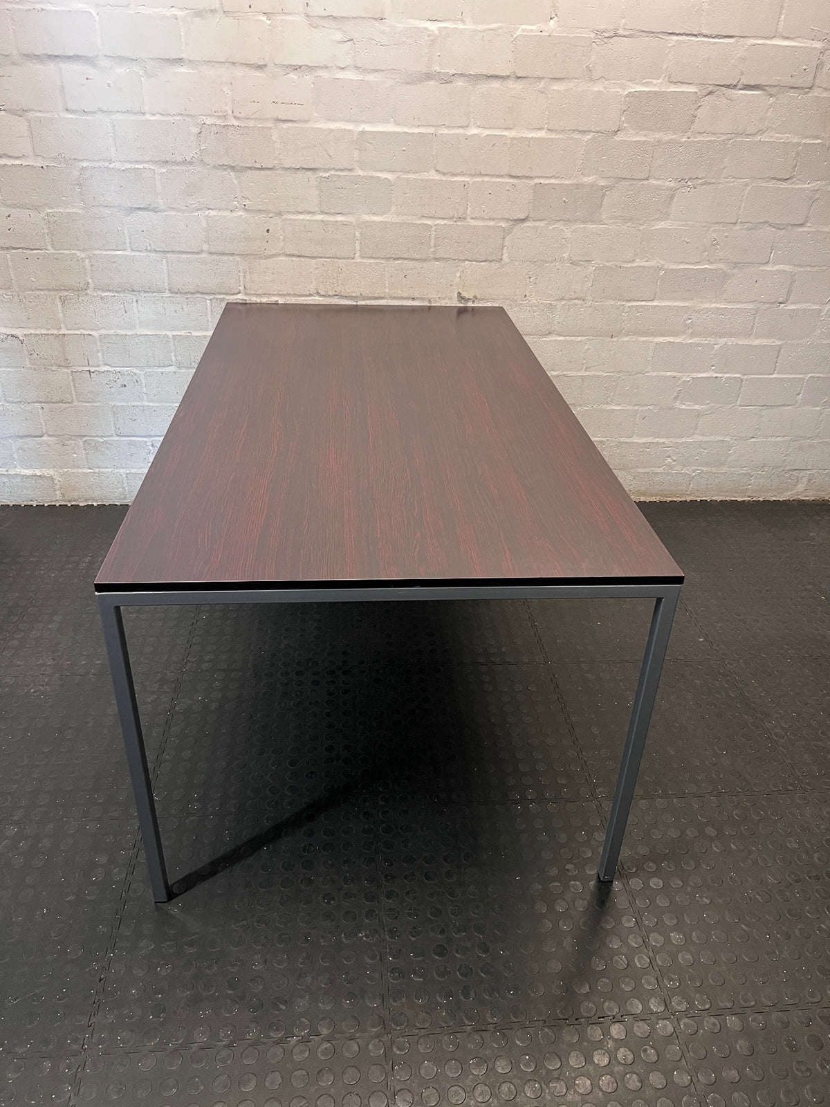 Dark Brown Rectangular Dining Table with Metal Frame – side view