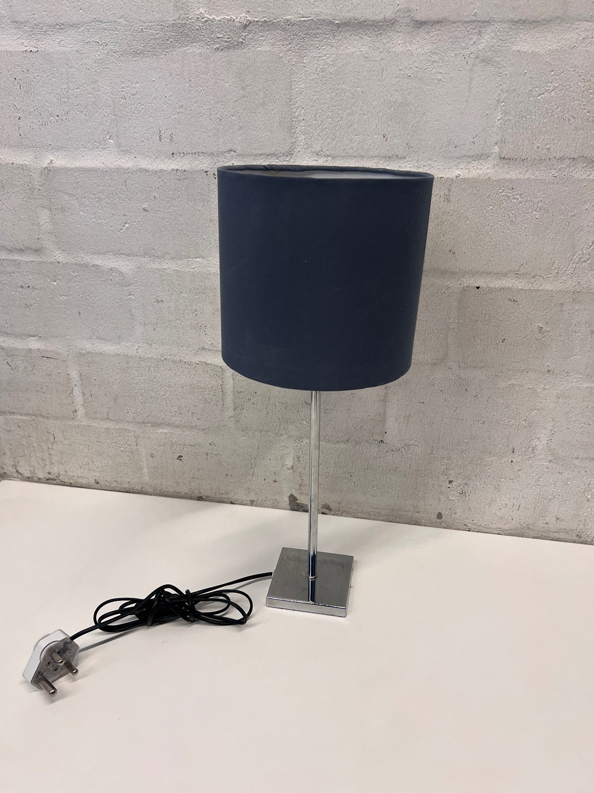 Modern Chrome Table Lamp with Black Drum Shade – back view