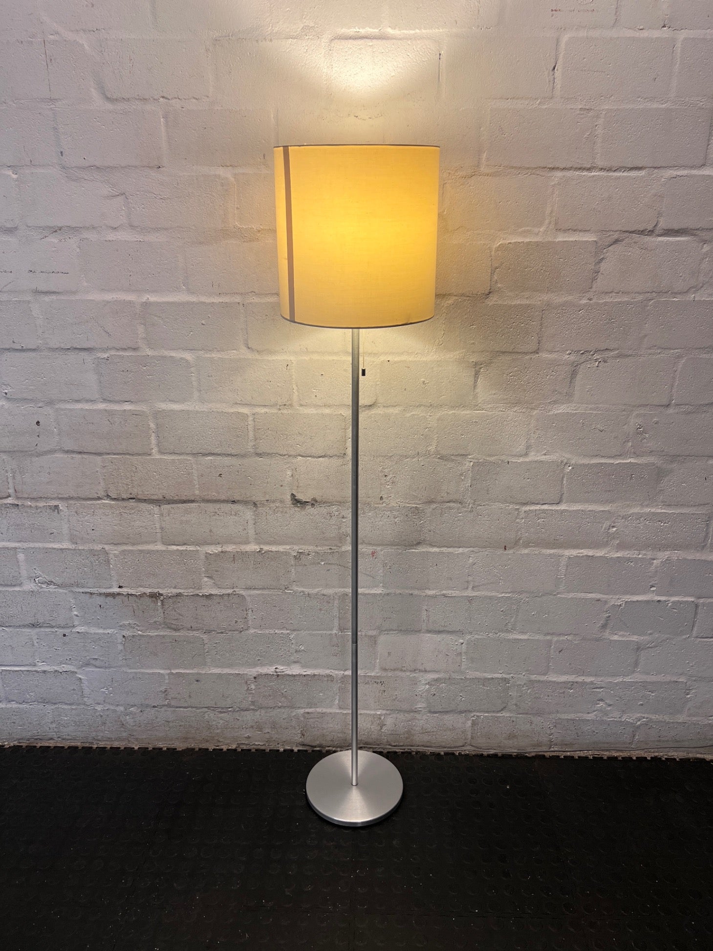 Modern Brushed Metal Floor Lamp with Fabric Drum Shade – main front view