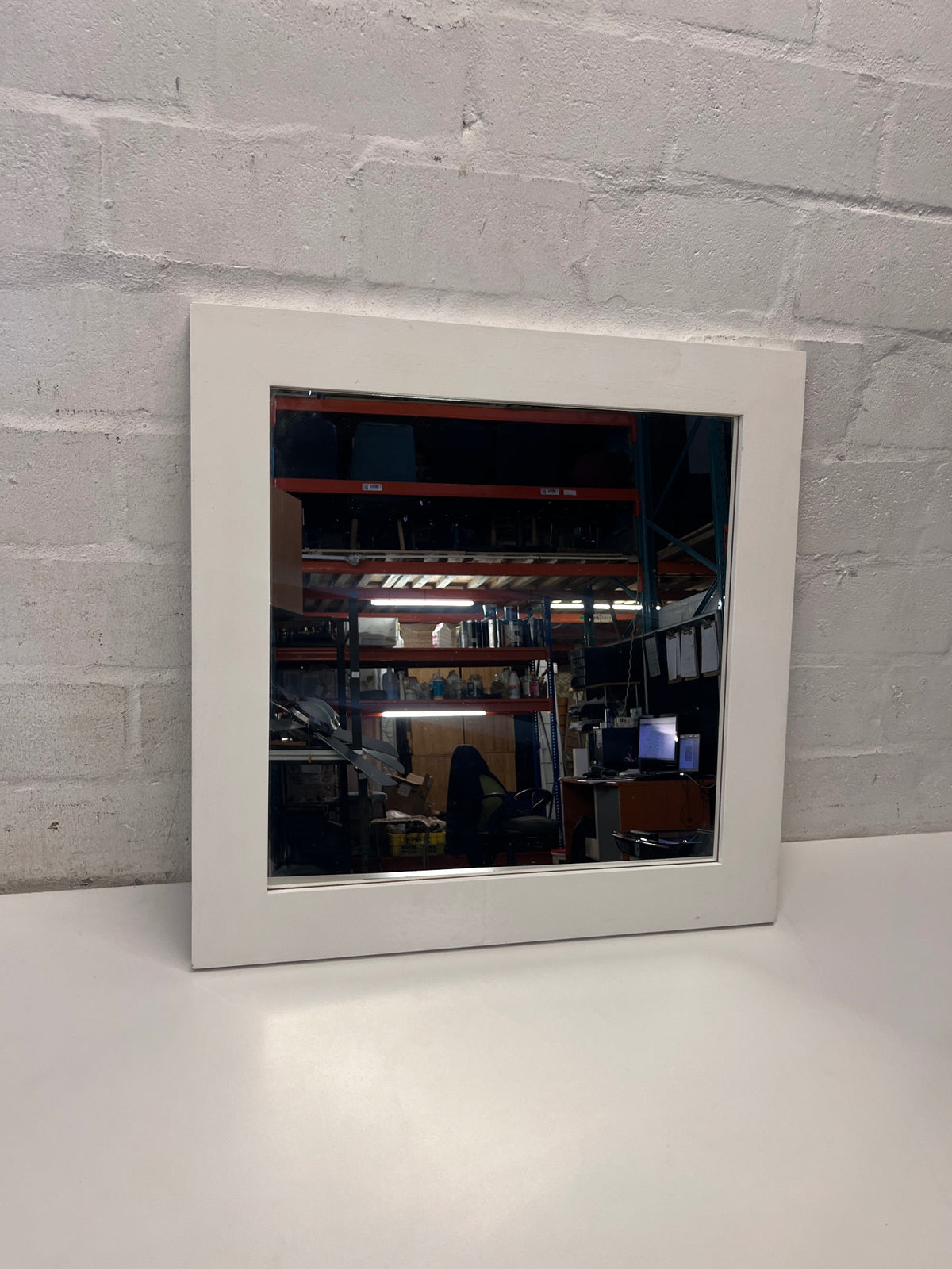 Square White Framed Wall Mirror – back view