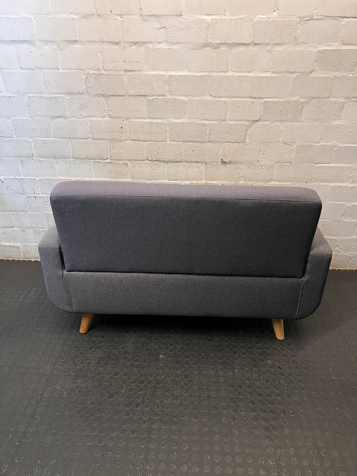 2 Seater Grey Fabric Couch with Beech Wood Legs – back view