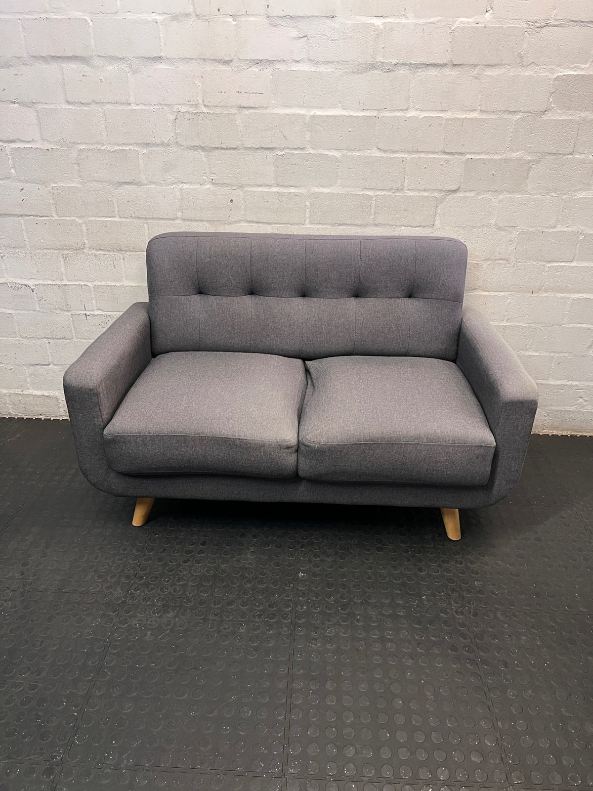 2 Seater Grey Fabric Couch with Beech Wood Legs – main front view