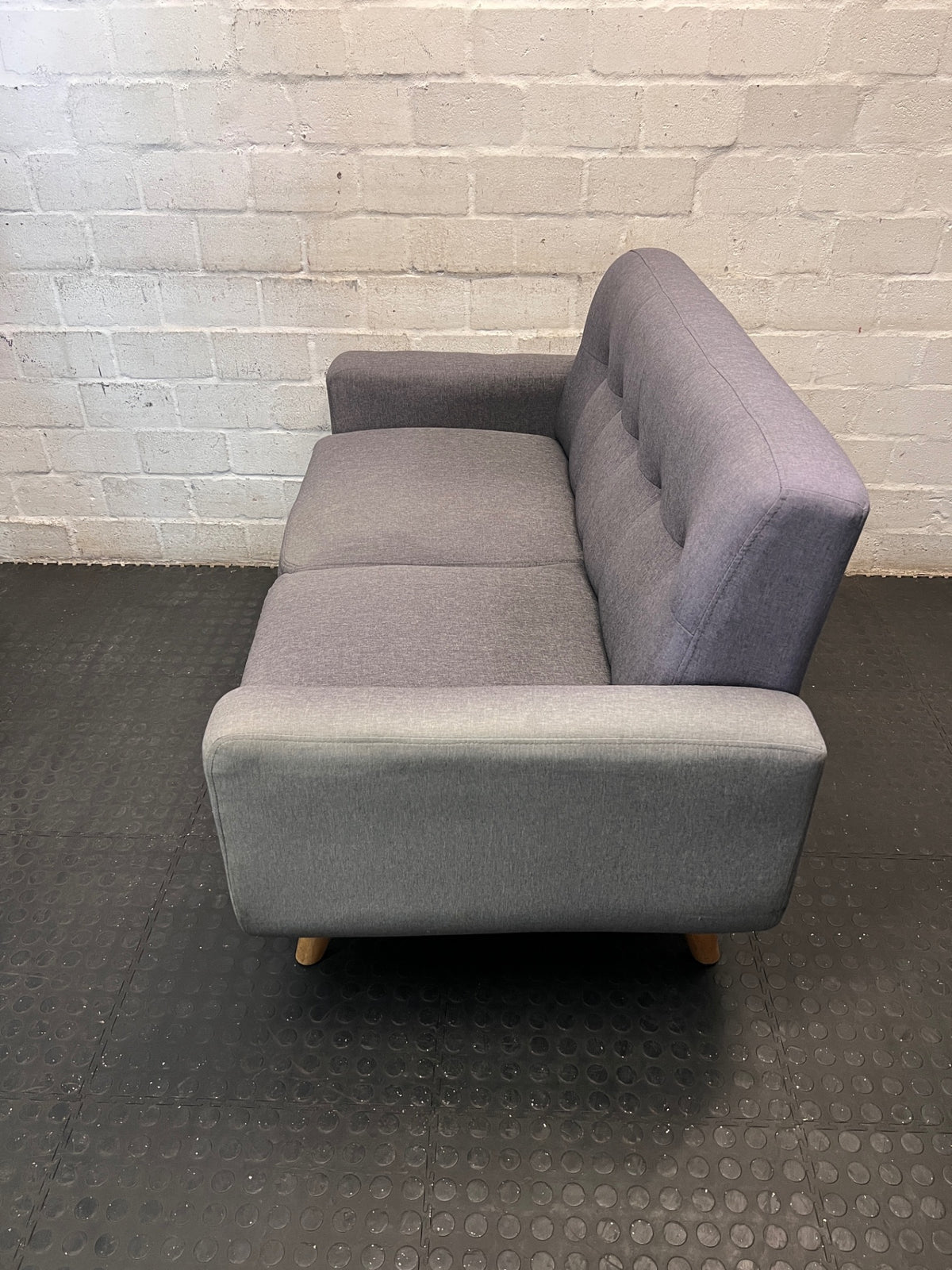 2 Seater Grey Fabric Couch with Beech Wood Legs – side view