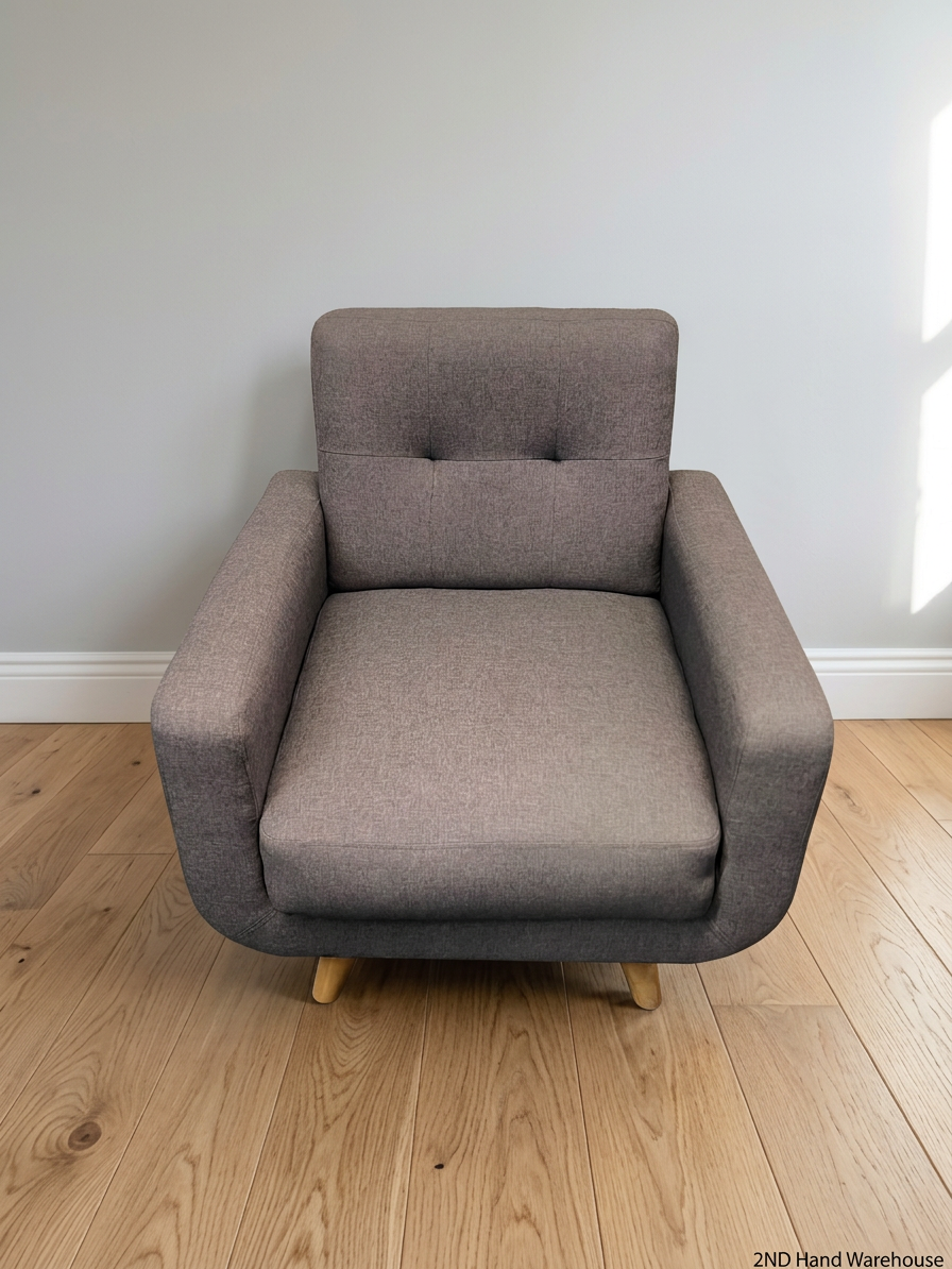 Upholstered Dark Grey Armchair with Beech Wood Legs – styled product image