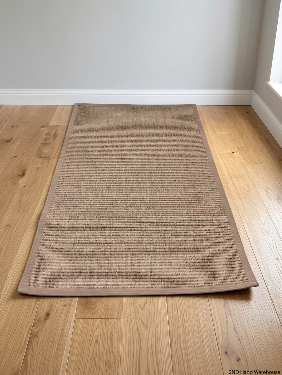 Grey Textured Flat-Weave Area Rug with Fabric Border – styled product image