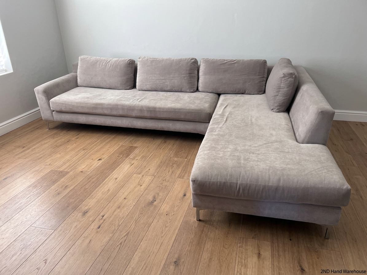 Grey L-Shape Corner Couch with Metallic Legs – styled product image