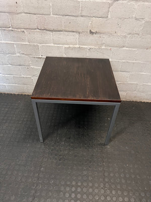Square Dark Wood-Finish Side Table with Grey Metal Frame – main front view