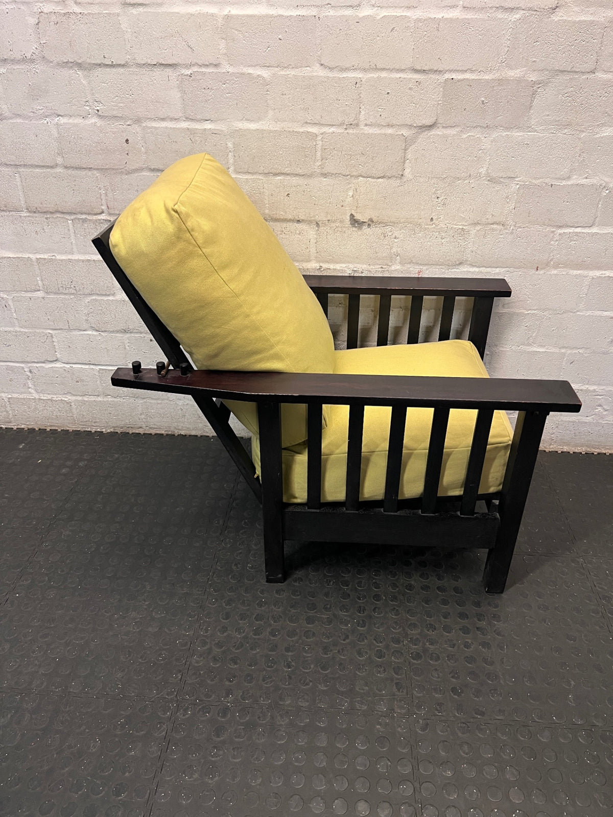 Dark Timber Armchair with Yellow Cushions – back view