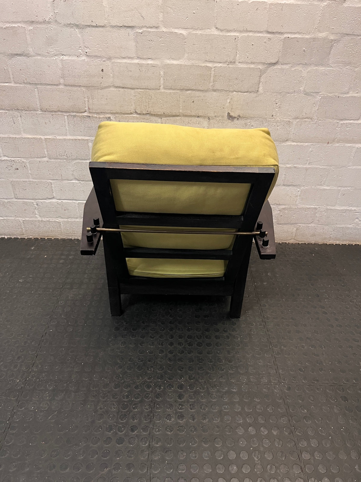 Dark Timber Armchair with Yellow Cushions – condition detail