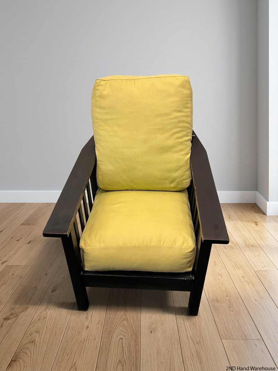 Dark Timber Armchair with Yellow Cushions – styled product image