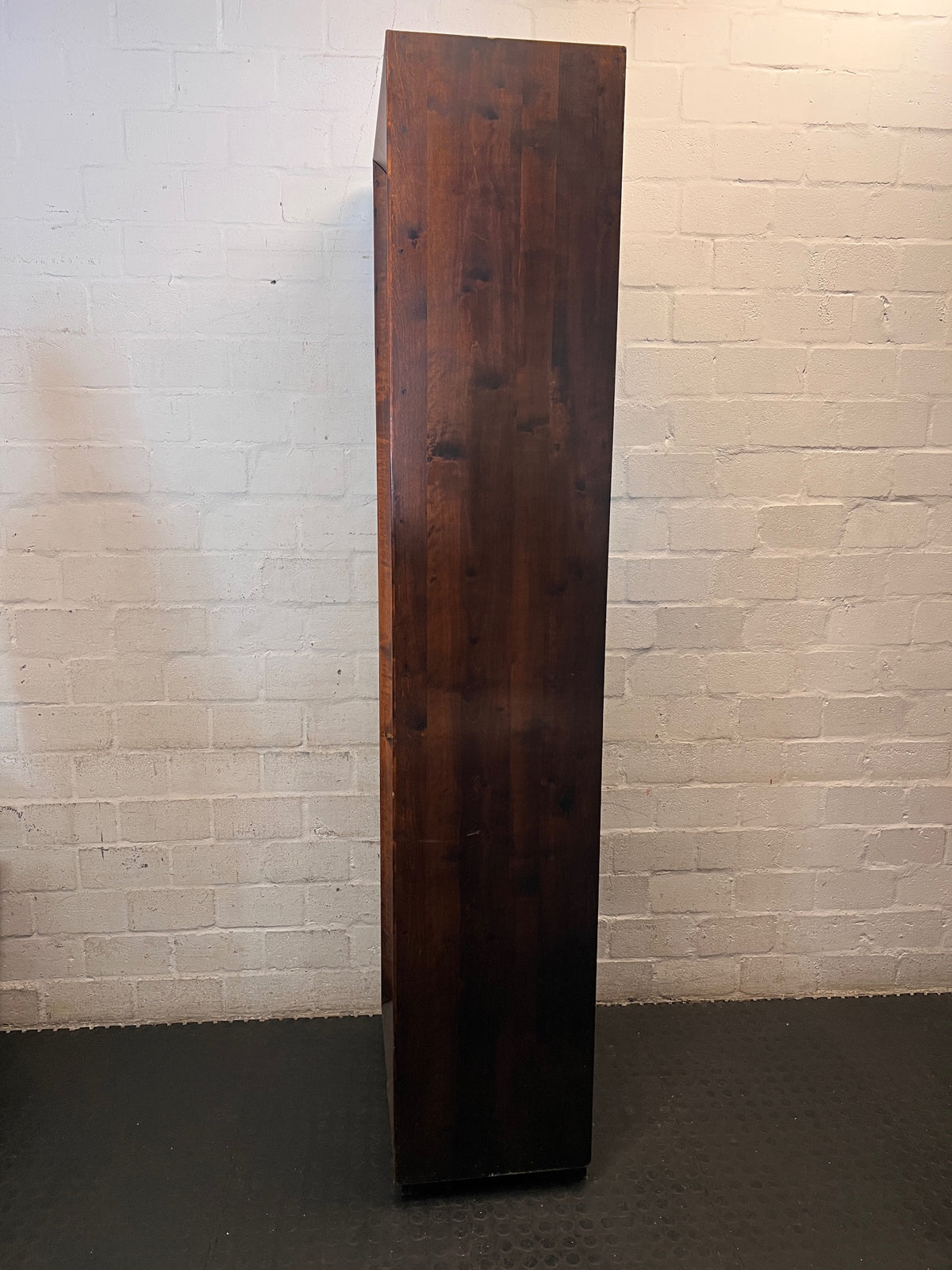 Tall Wooden Display Unit with Glass Shelves – side view
