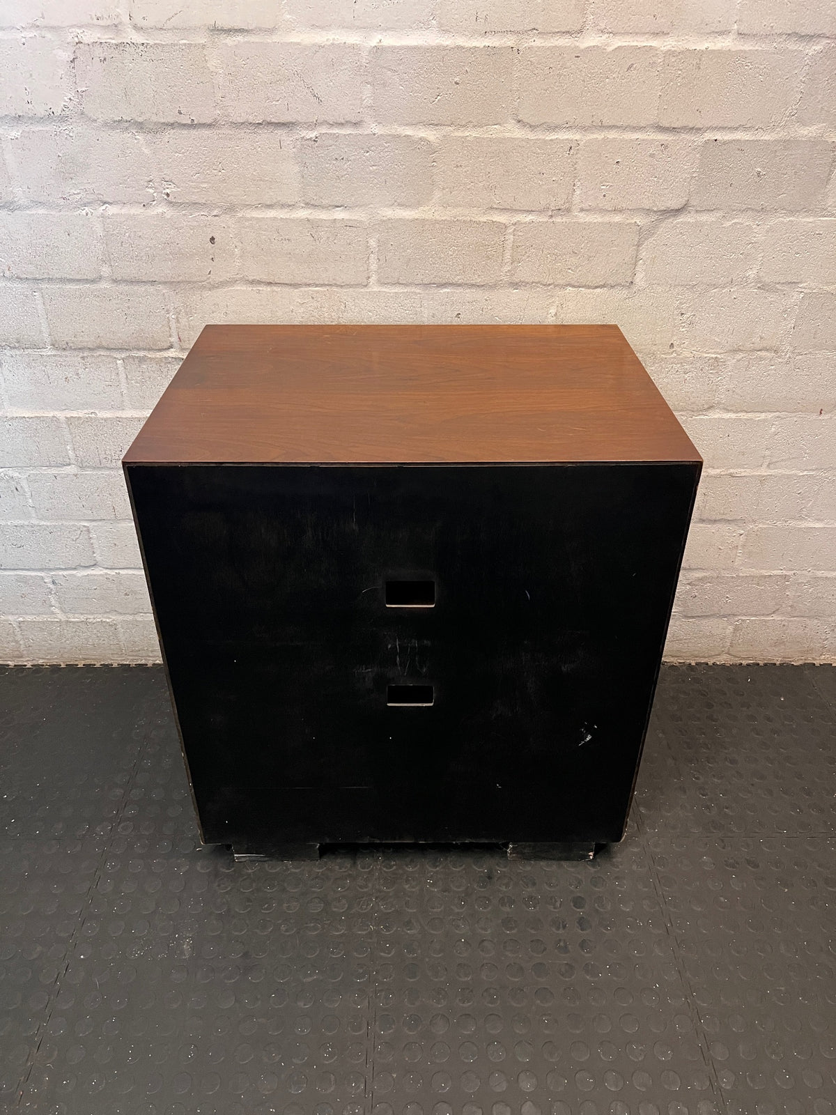 Brown Wooden TV Unit with Open Shelving and Drawer – back view