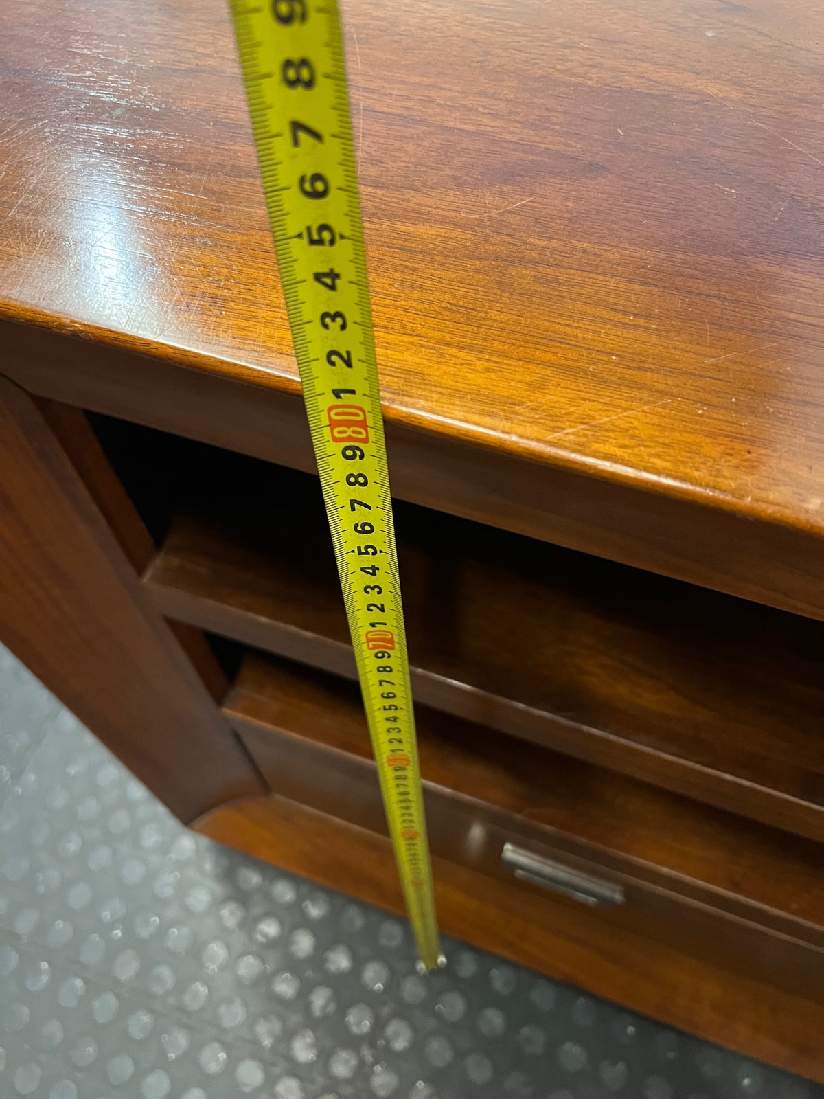 Brown Wooden TV Unit with Open Shelving and Drawer – height measurement
