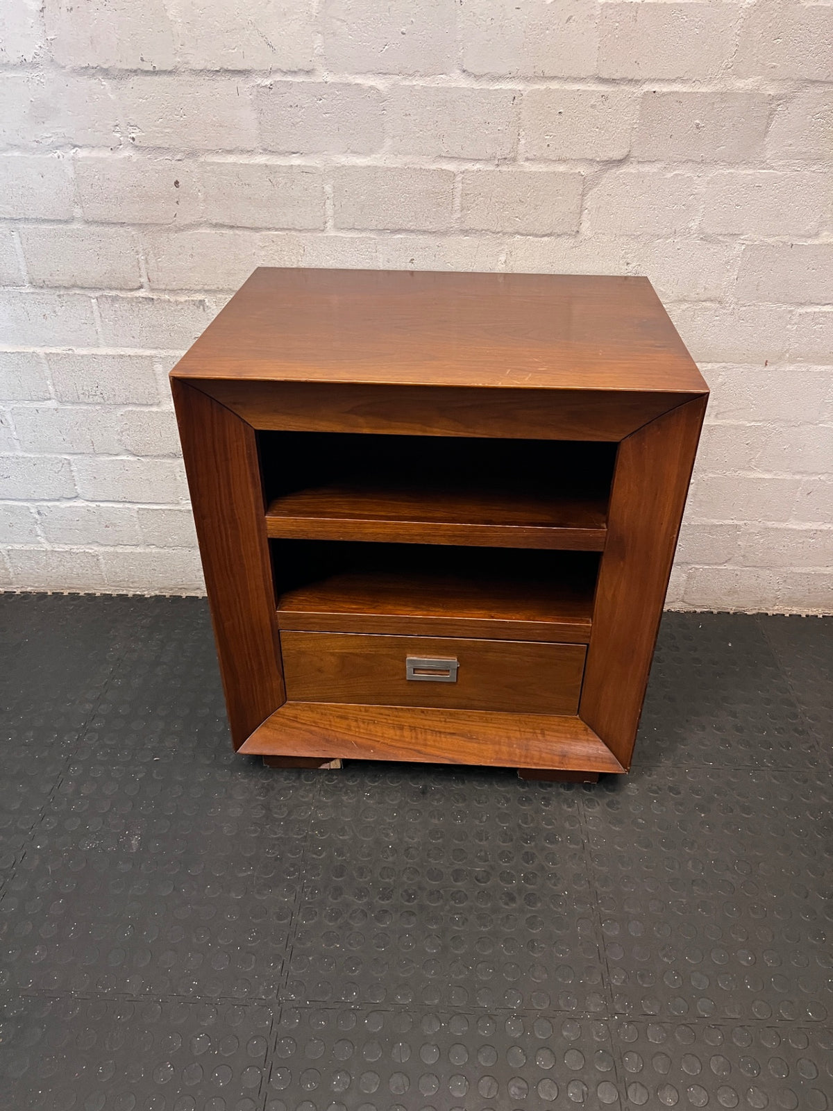 Brown Wooden TV Unit with Open Shelving and Drawer – main front view