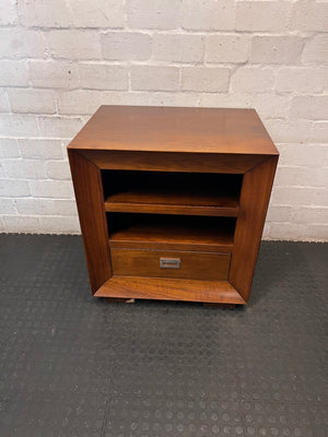 Brown Wooden TV Unit with Open Shelving and Drawer – main front view