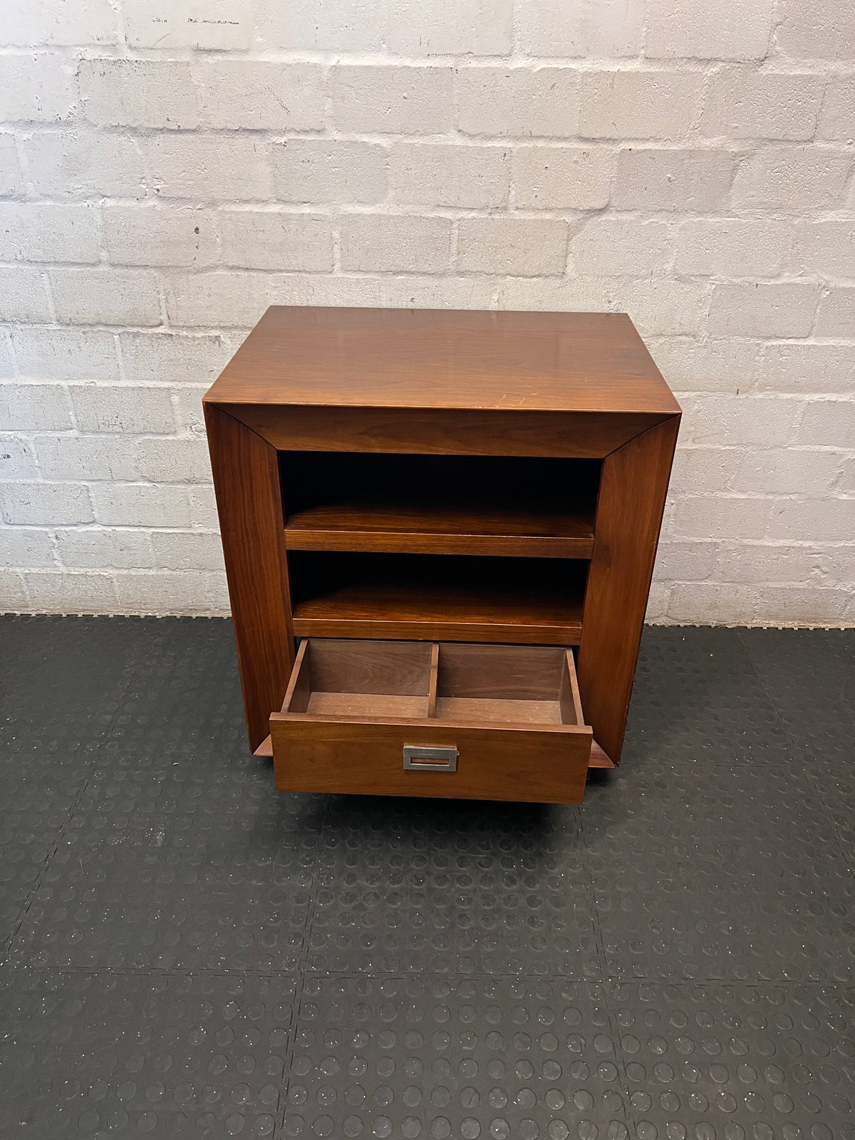 Brown Wooden TV Unit with Open Shelving and Drawer – side view