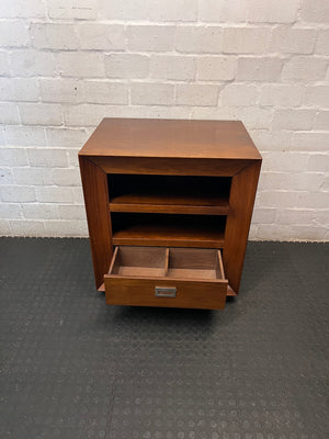 Brown Wooden TV Unit with Open Shelving and Drawer – side view