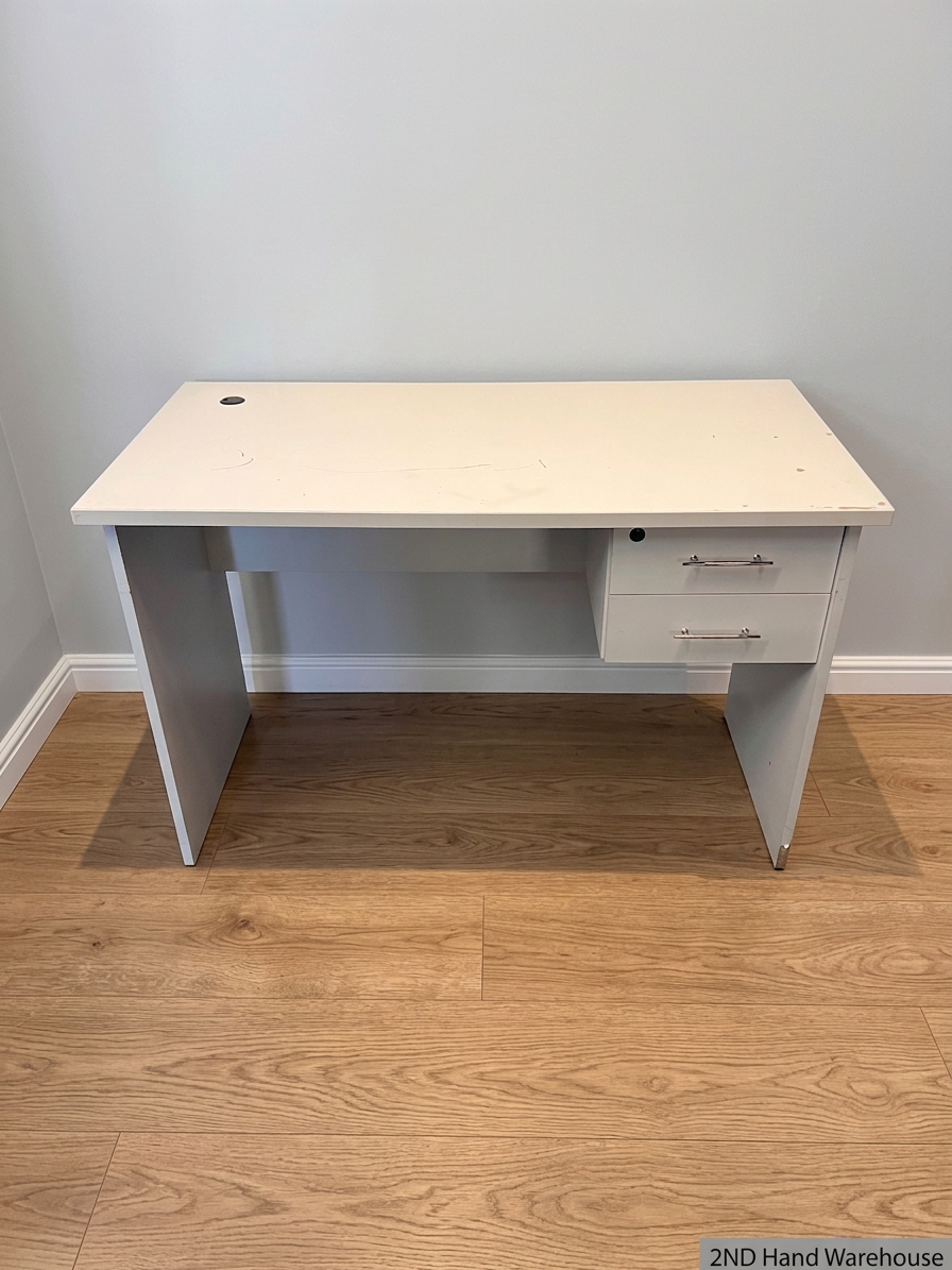 White Office Desk with Drawers and Cable Port – styled product image