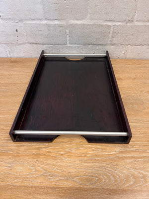 Dark Wood Serving Tray with Metal Handles – back view