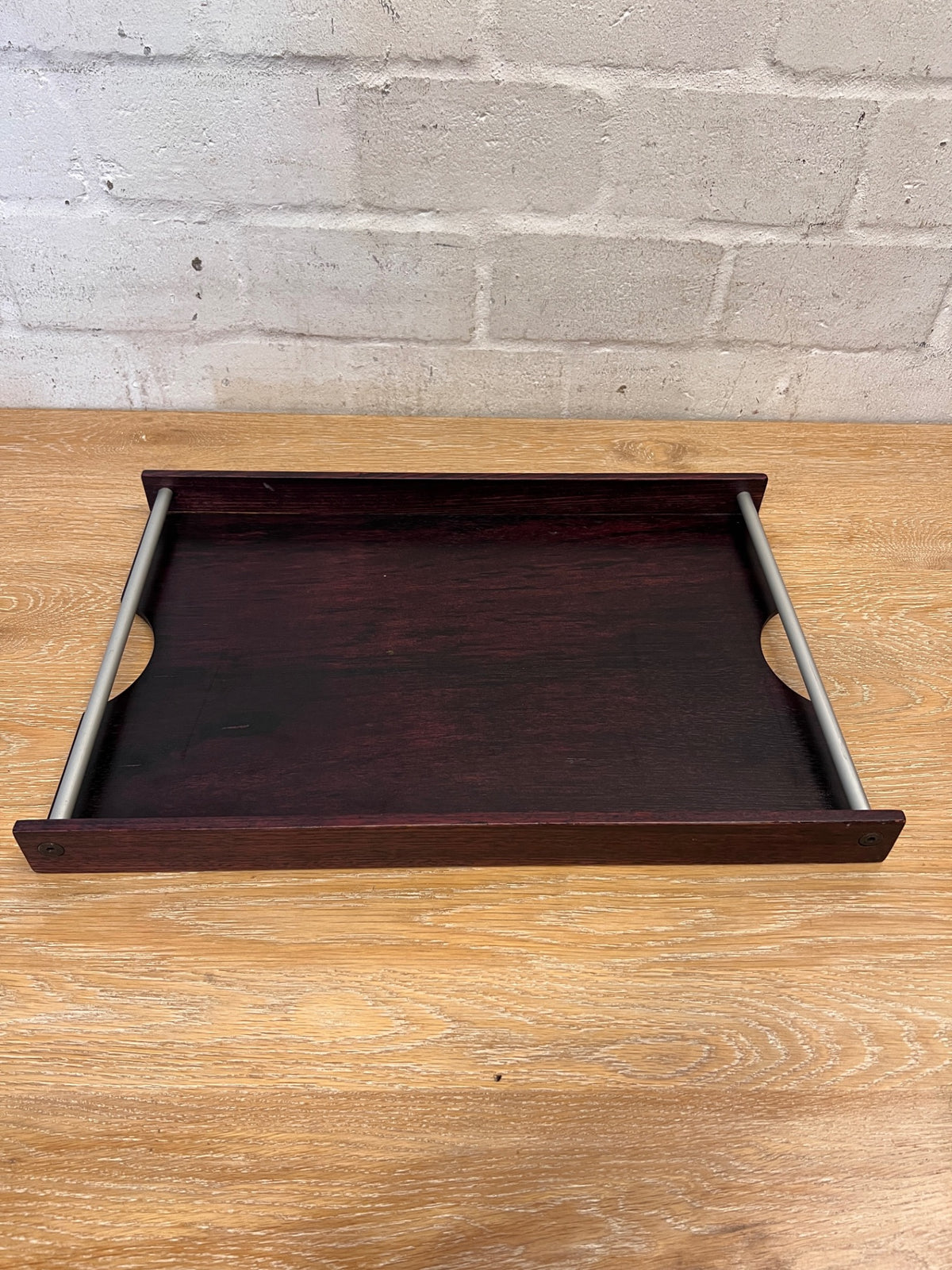 Dark Wood Serving Tray with Metal Handles – main front view
