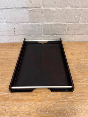 Dark Wood Serving Tray with Metal Handles – side view