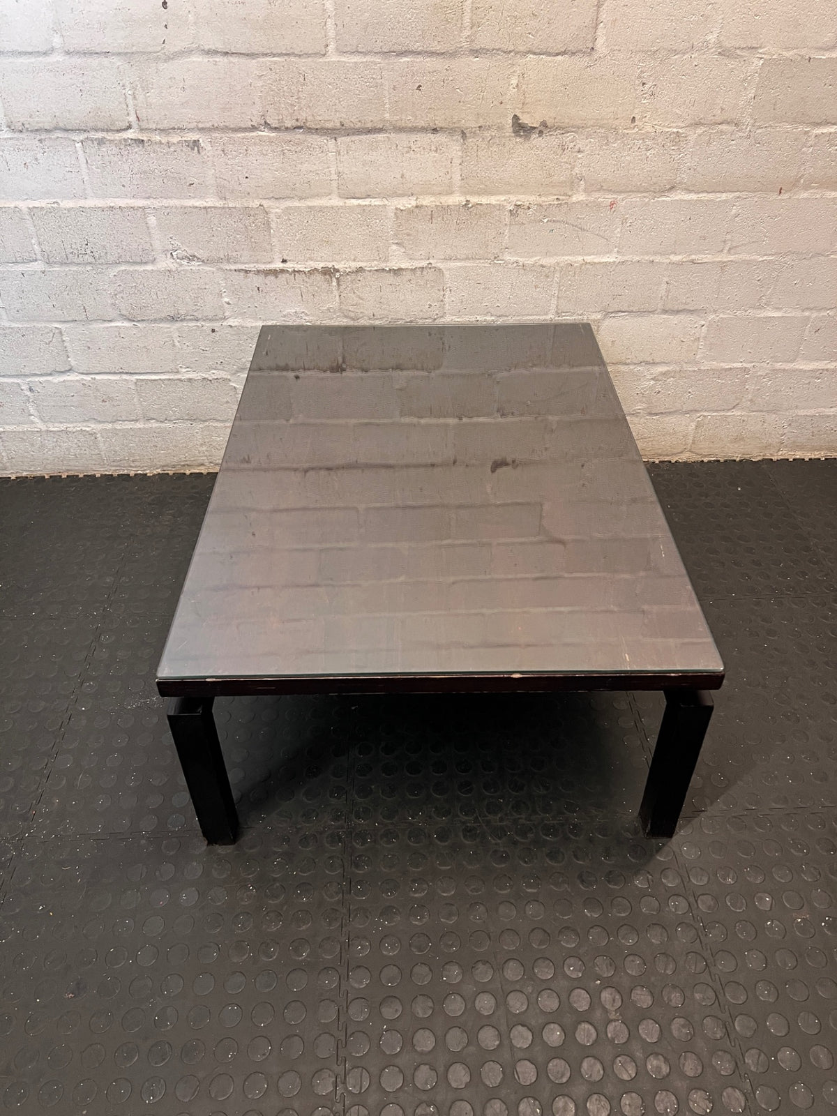 Dark Wood Rectangular Coffee Table with Glass Top – back view