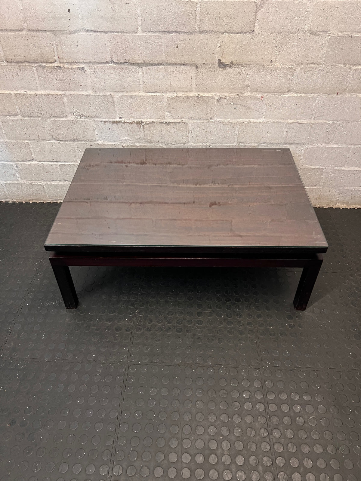 Dark Wood Rectangular Coffee Table with Glass Top – main front view
