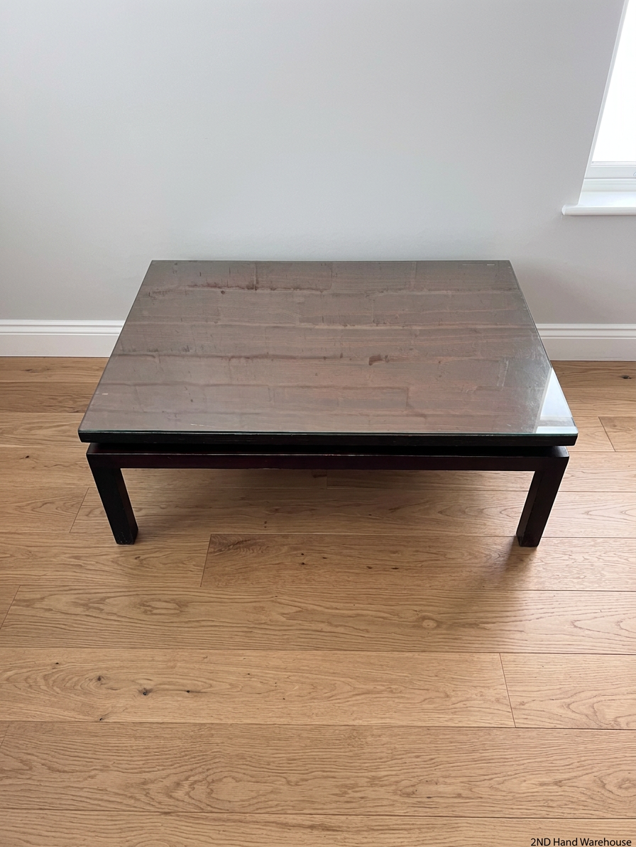 Dark Wood Rectangular Coffee Table with Glass Top – styled product image