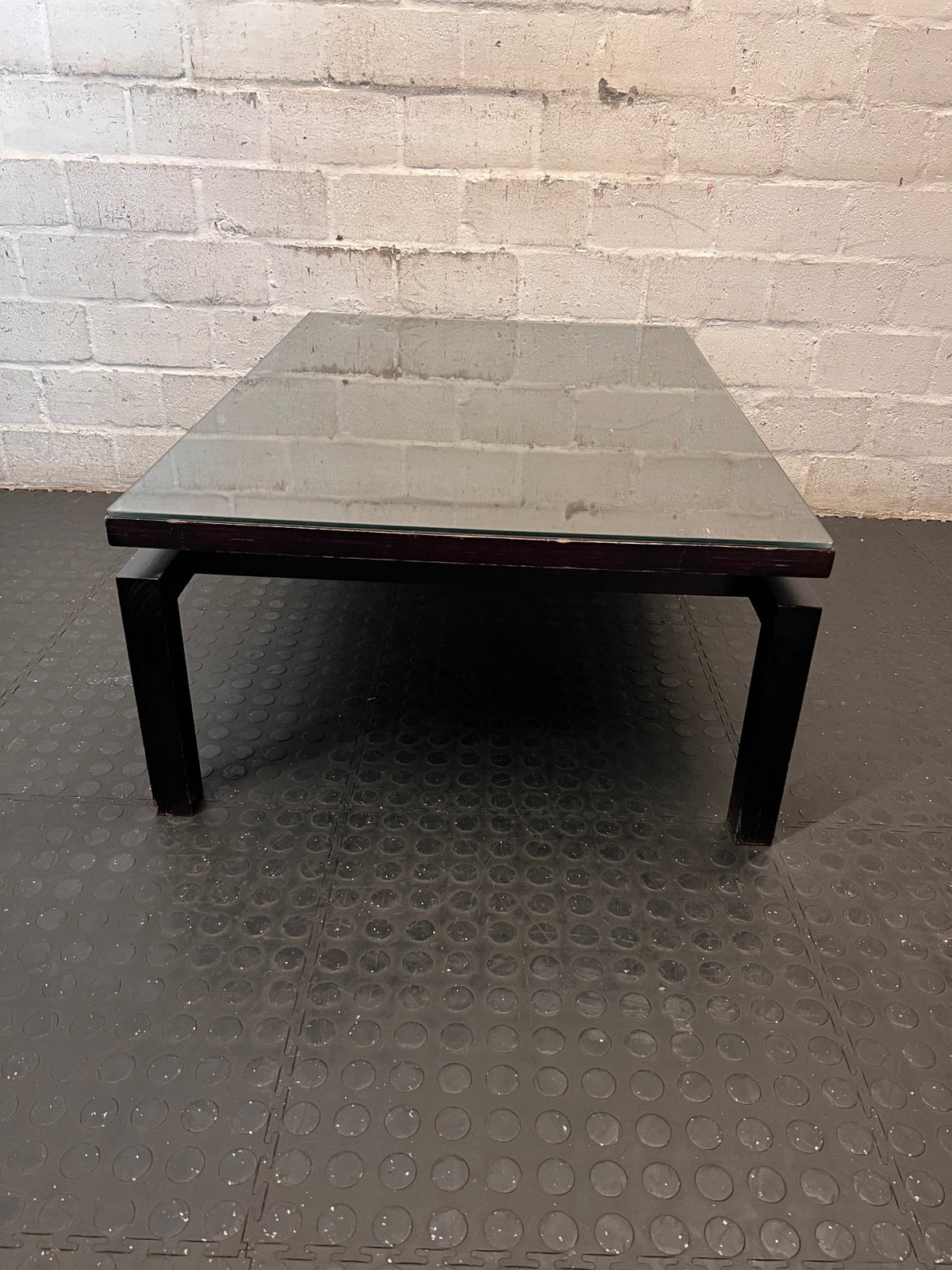 Dark Wood Rectangular Coffee Table with Glass Top – top view