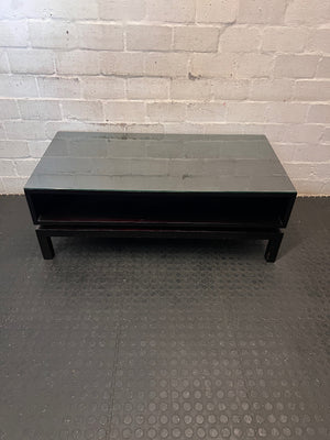 Dark Wood Coffee Table with Glass Top and Storage Shelf – main front view