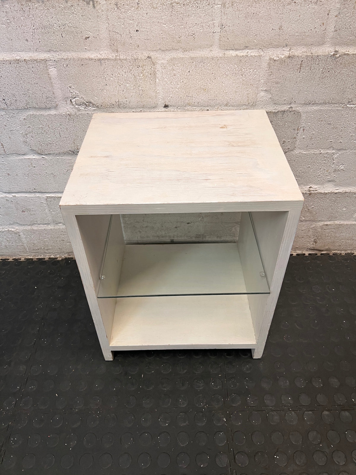 White Washed Bedside Table with Glass Shelf – back view
