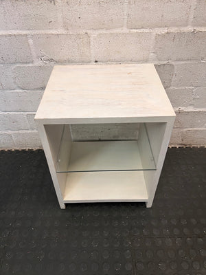 White Washed Bedside Table with Glass Shelf – back view