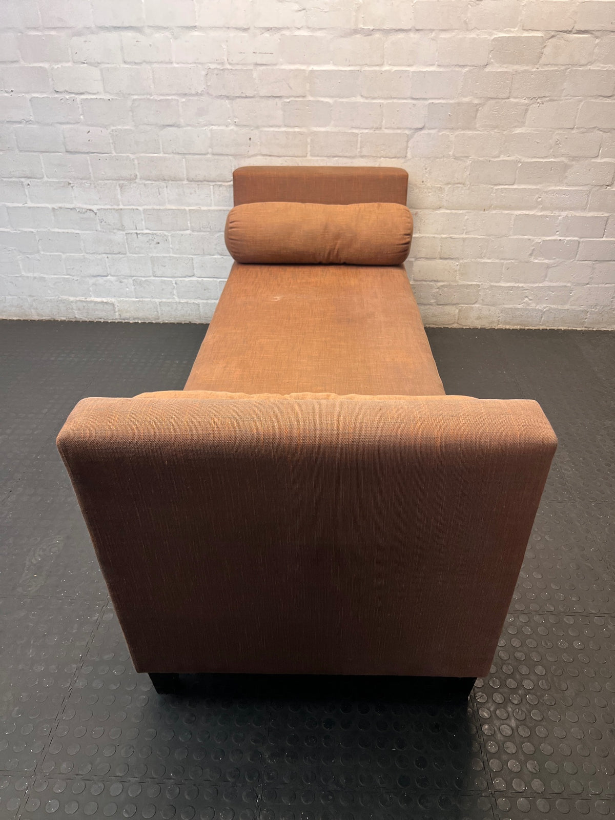 Terracotta Upholstered Day Bed with Bolster Cushions – side view