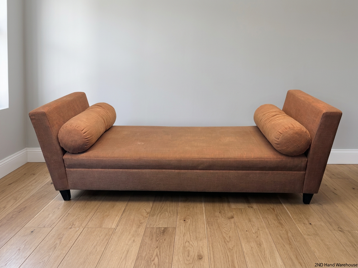 Terracotta Upholstered Day Bed with Bolster Cushions – styled product image