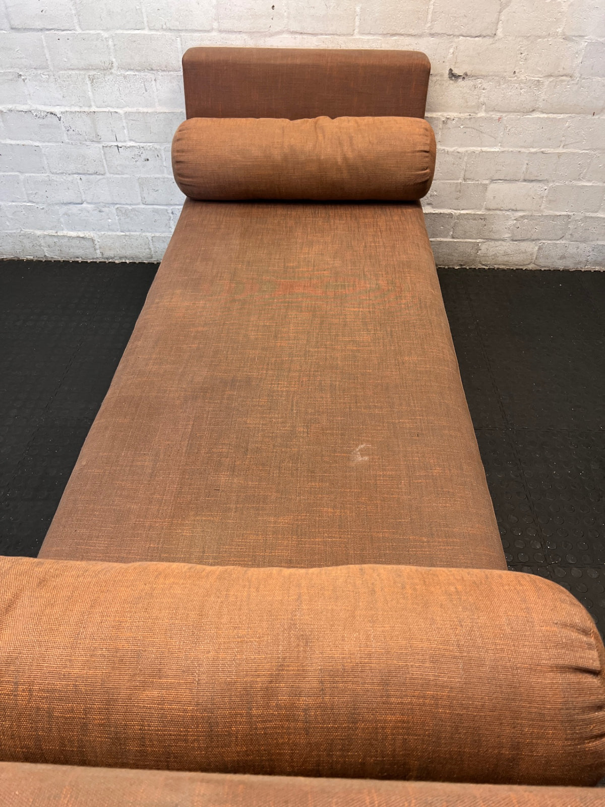 Terracotta Upholstered Day Bed with Bolster Cushions – top view