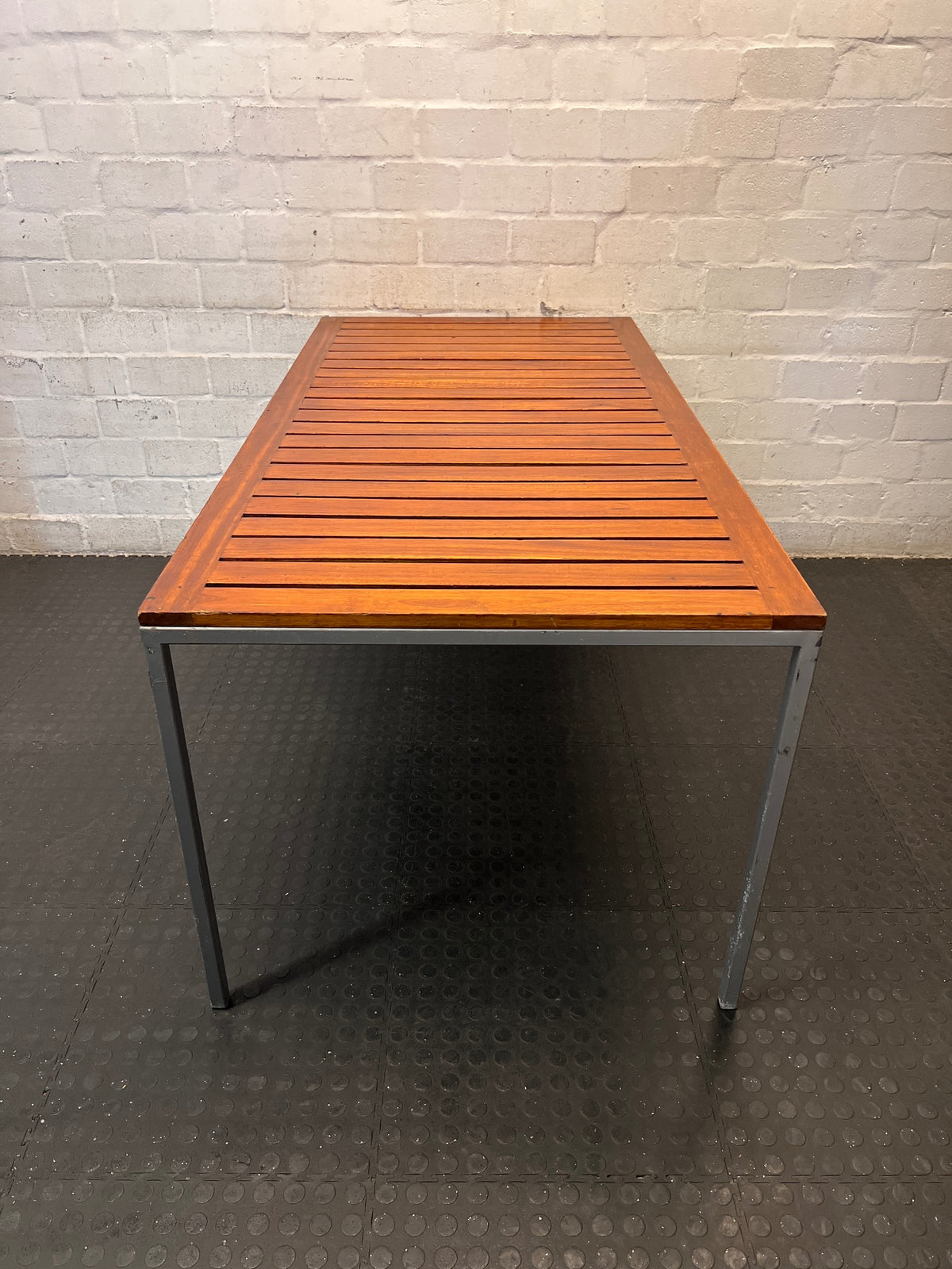 Wooden Slatted Table with Metal Frame – back view