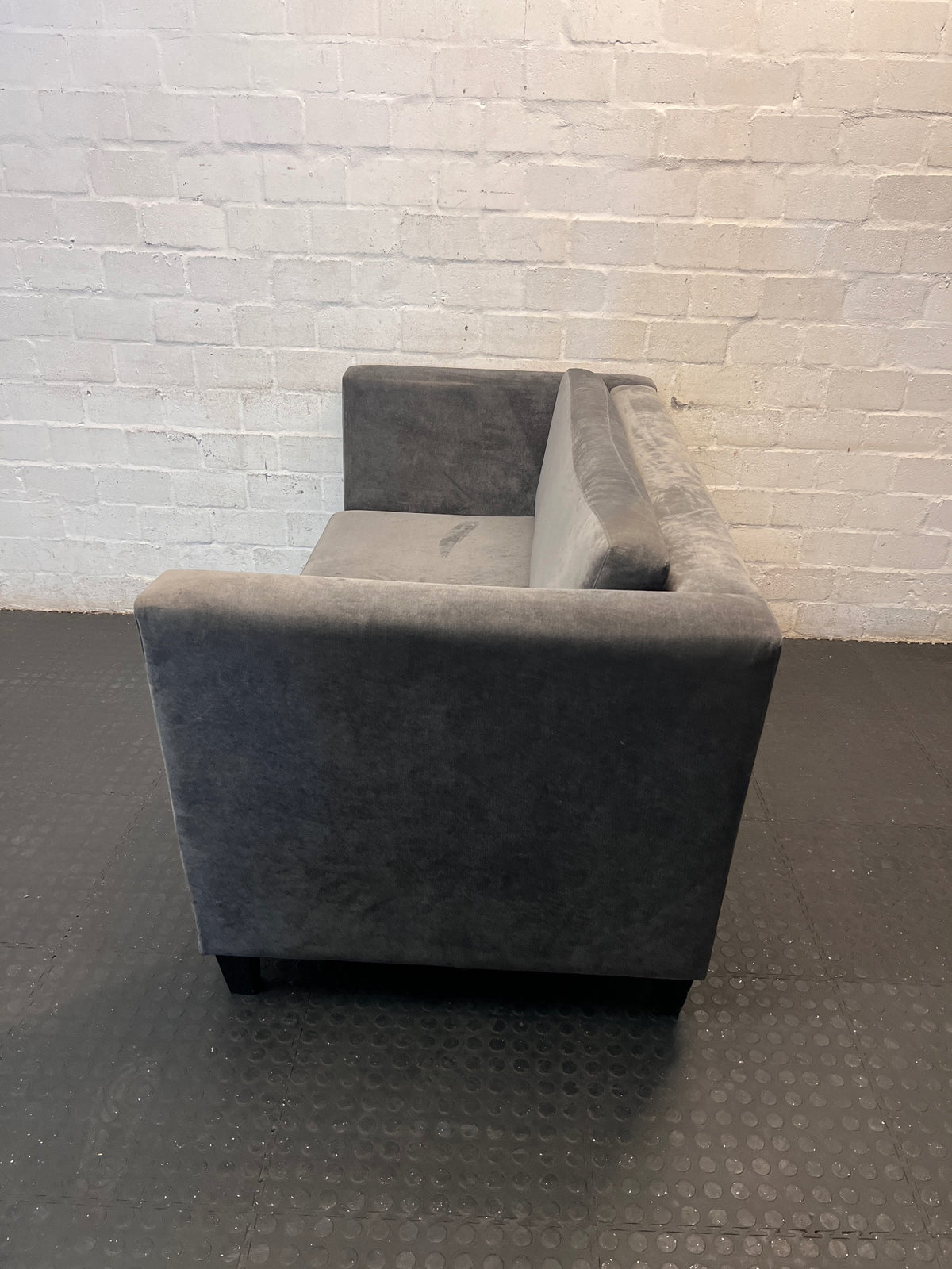 Grey Velvet-Style 2 Seater Couch – side view
