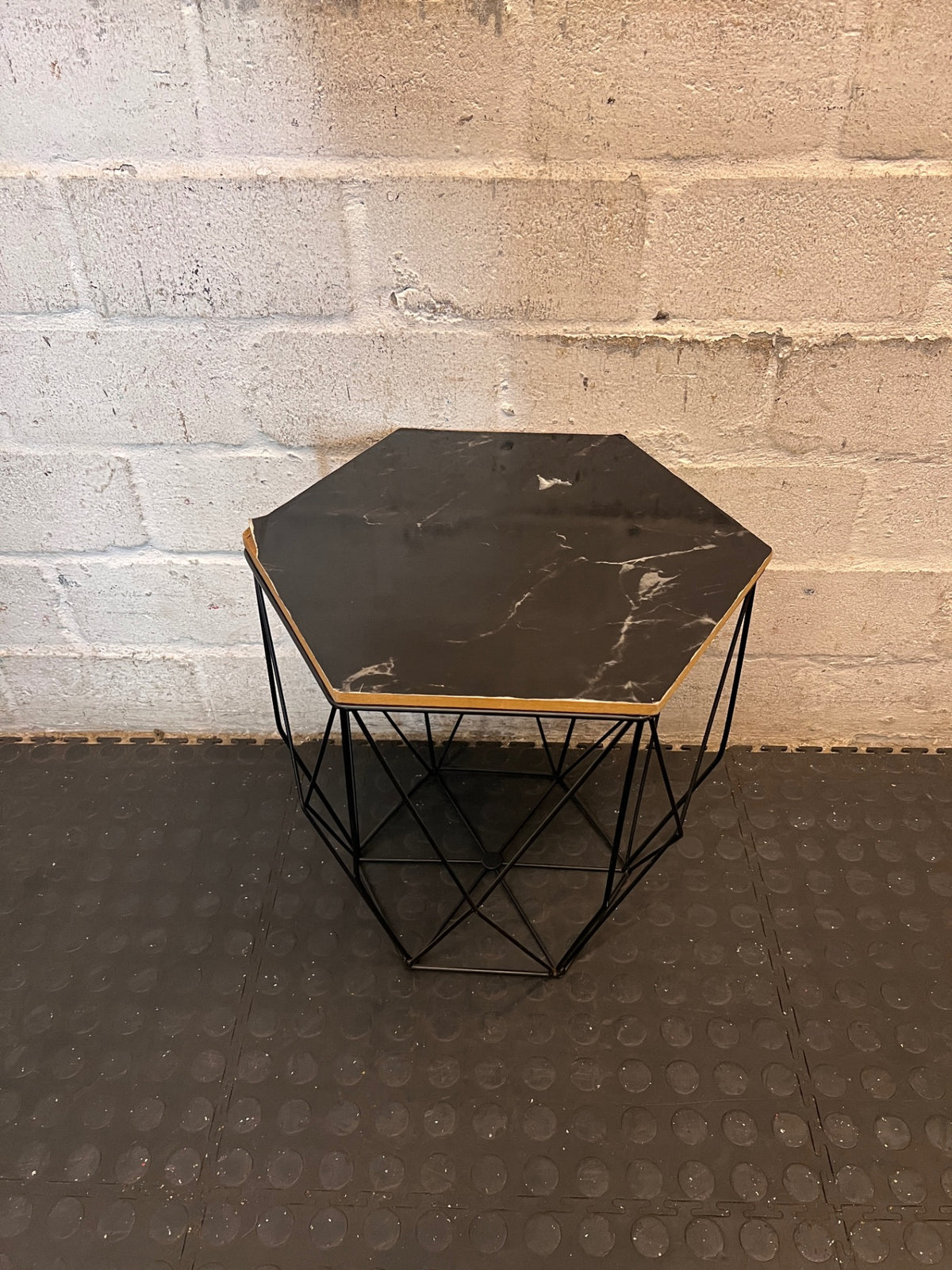 Hexagonal Side Table with Black Wireframe Base – top view