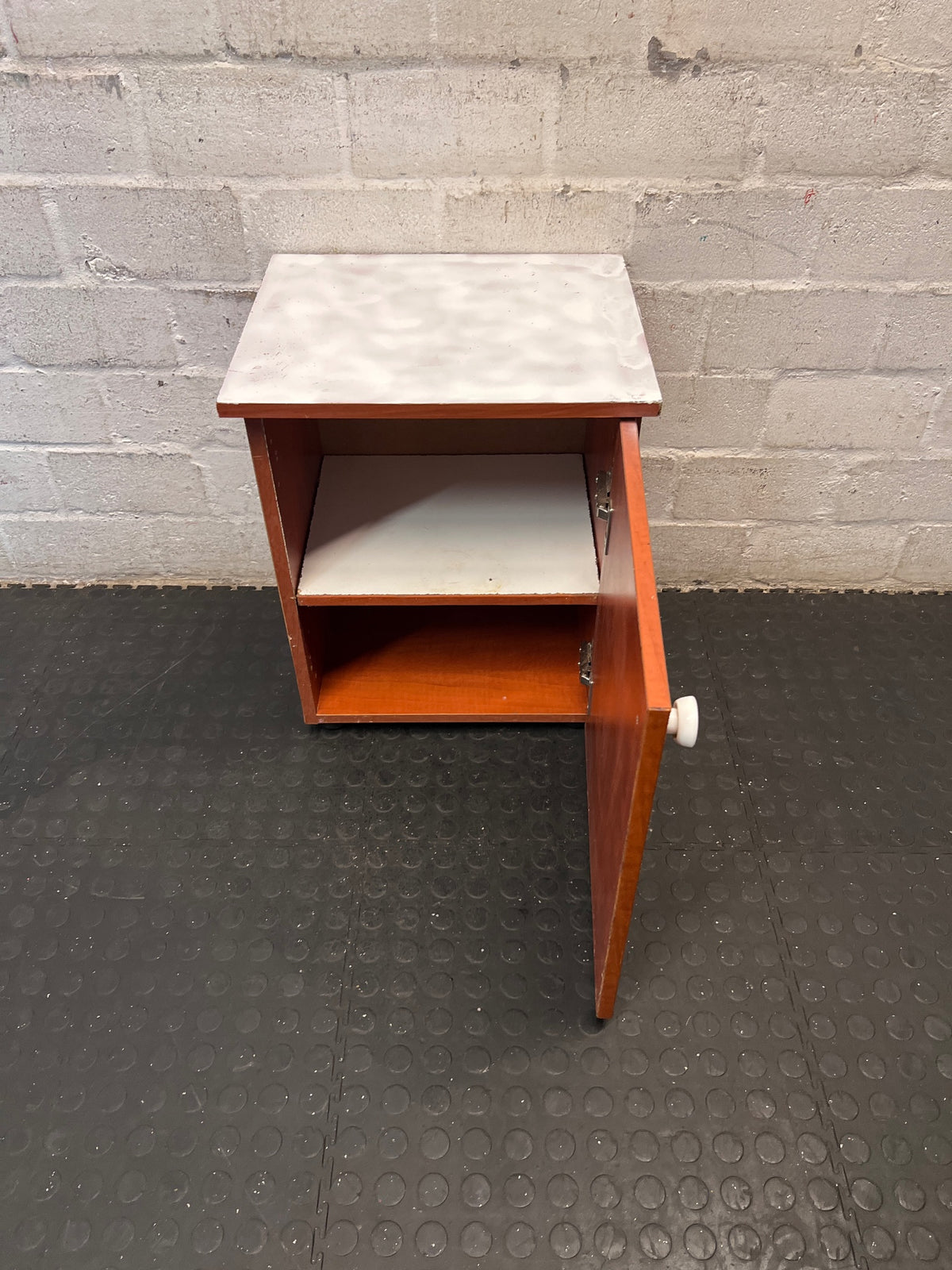 Brown Wooden Bedside Pedestal with White Top – side view
