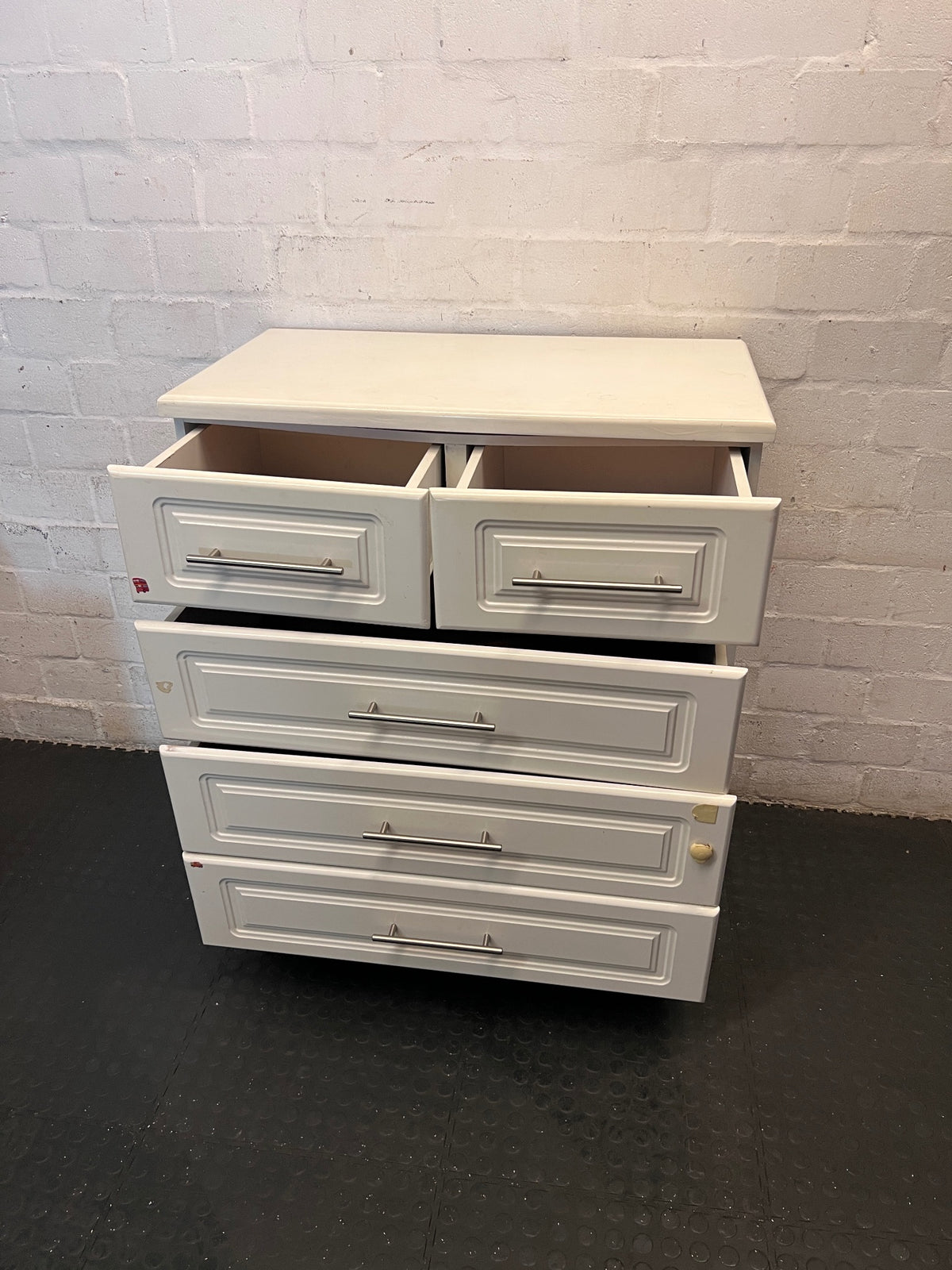 White Panelled Chest of Drawers with Metal Handles – side view