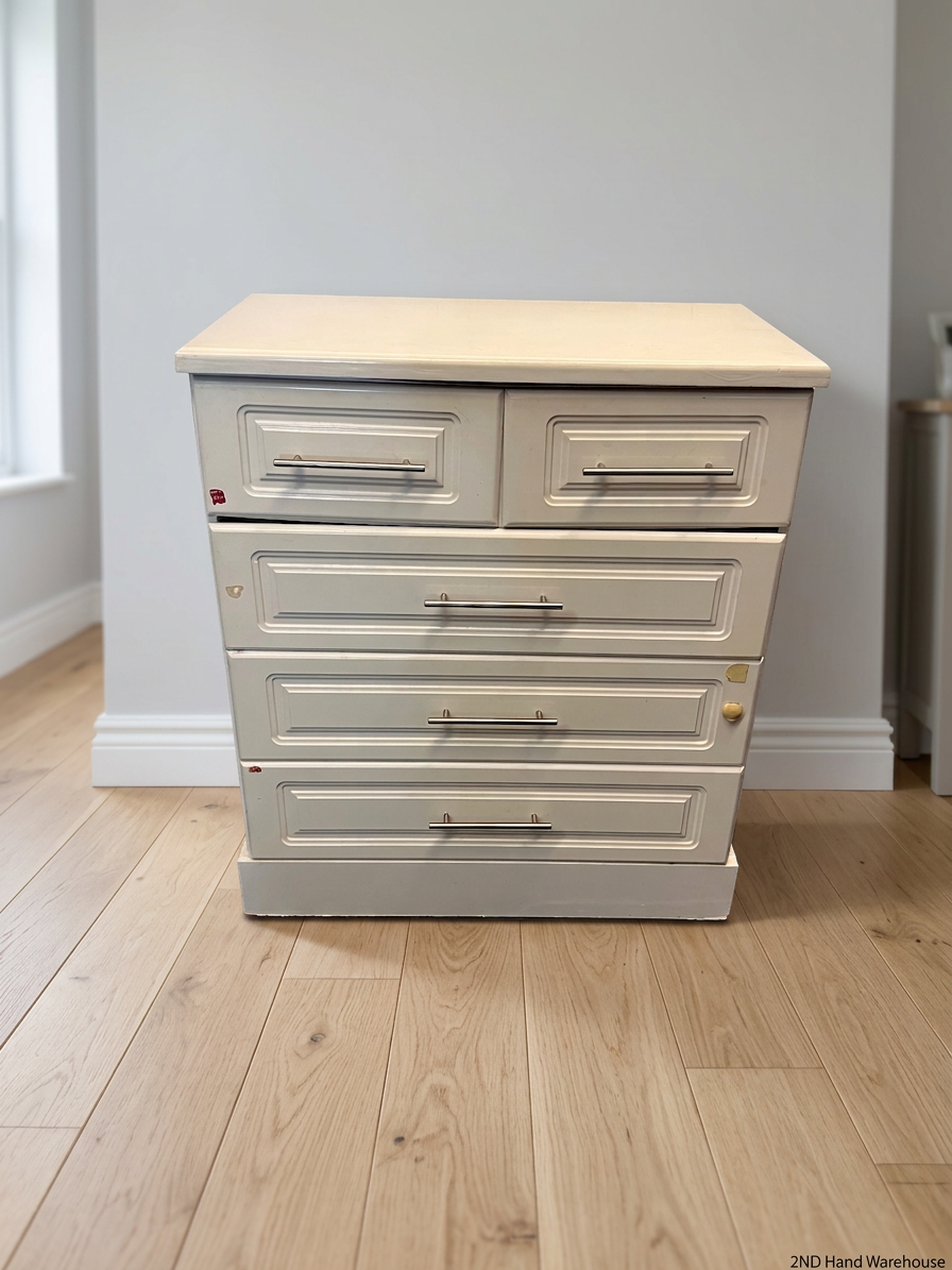 White Panelled Chest of Drawers with Metal Handles – styled product image