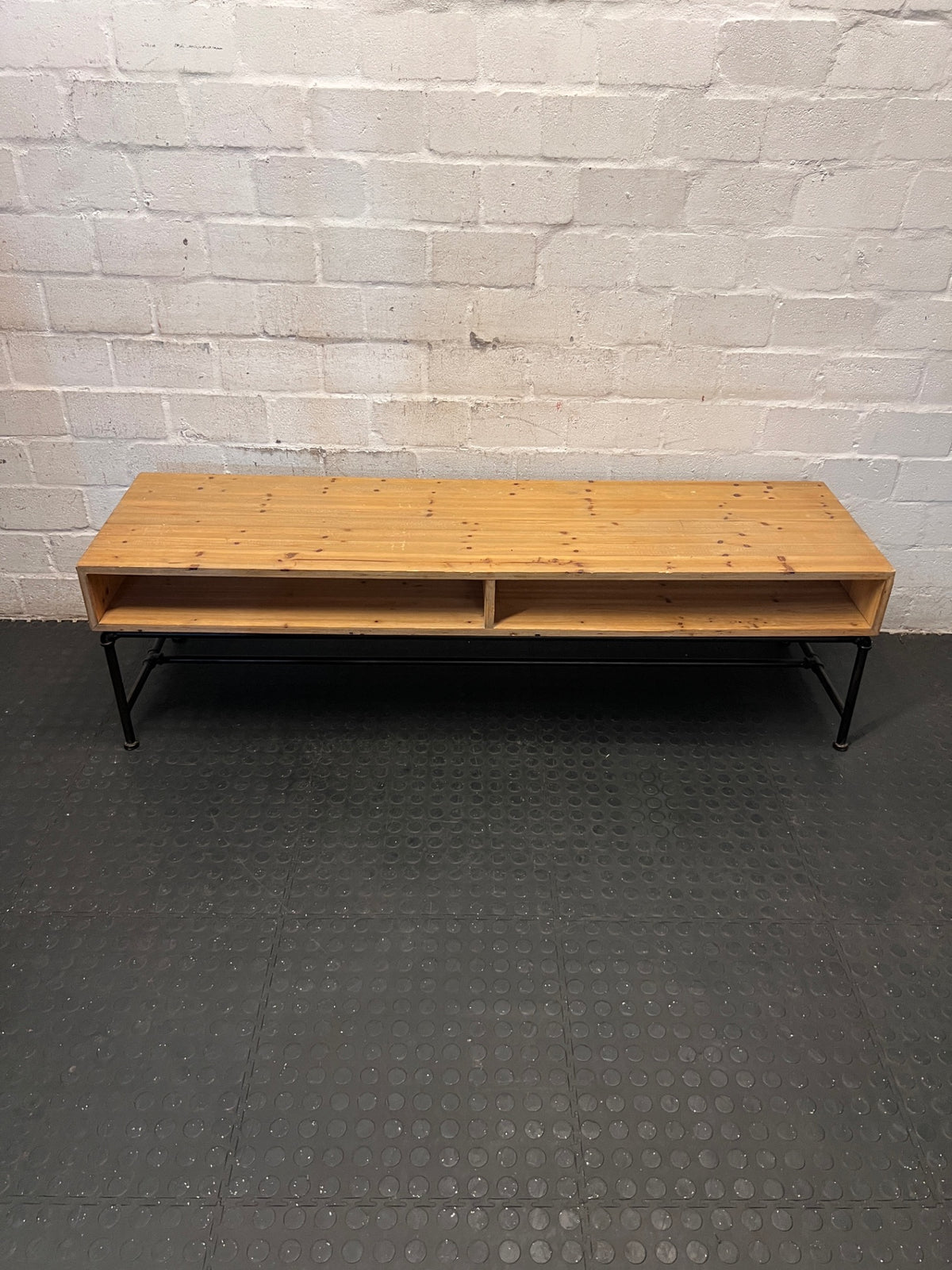 Oak Finish Industrial Style TV Unit with Metal Frame – main front view