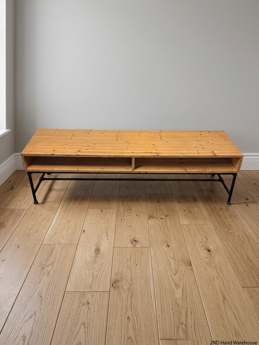 Oak Finish Industrial Style TV Unit with Metal Frame – styled product image