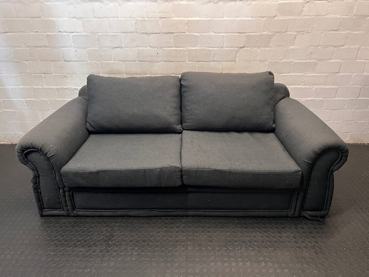 Grey Upholstered 2 Seater Couch with Rolled Arms — Structural Damage – main front view