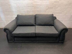 Grey Upholstered 2 Seater Couch with Rolled Arms — Structural Damage – main front view