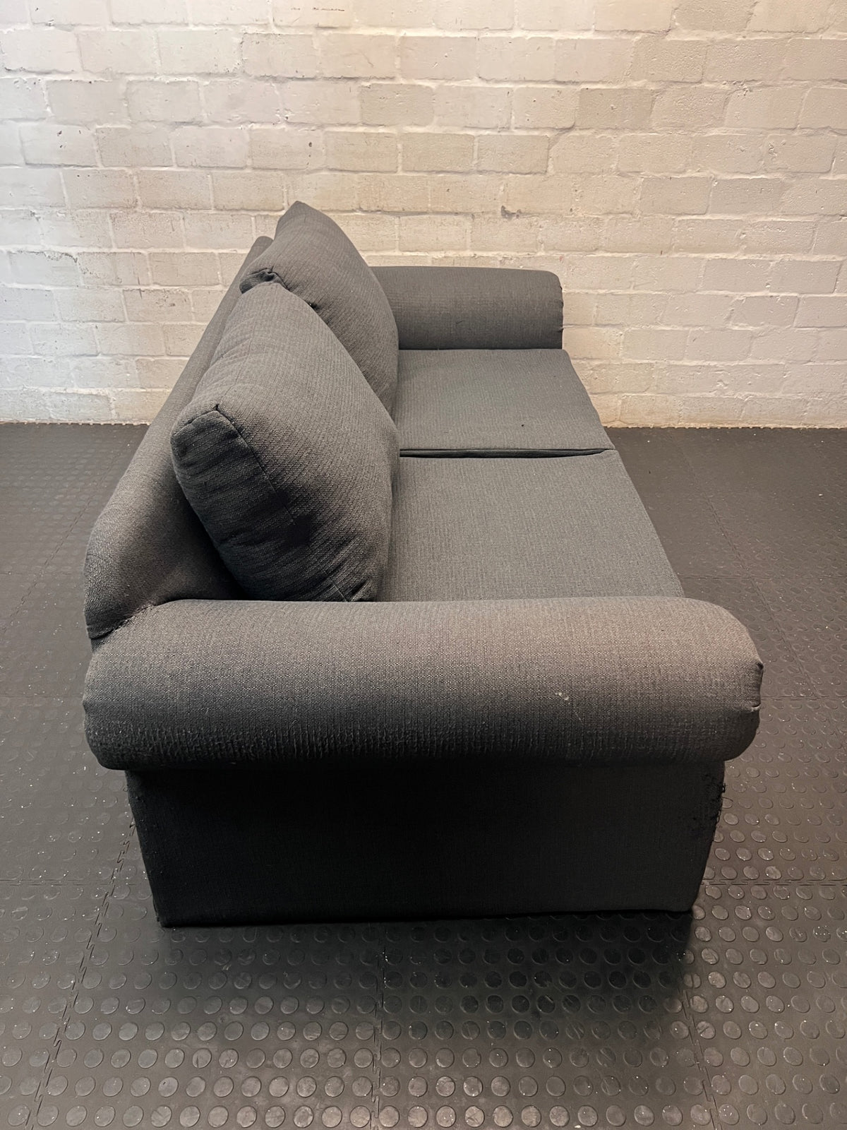 Grey Upholstered 2 Seater Couch with Rolled Arms — Structural Damage – top view