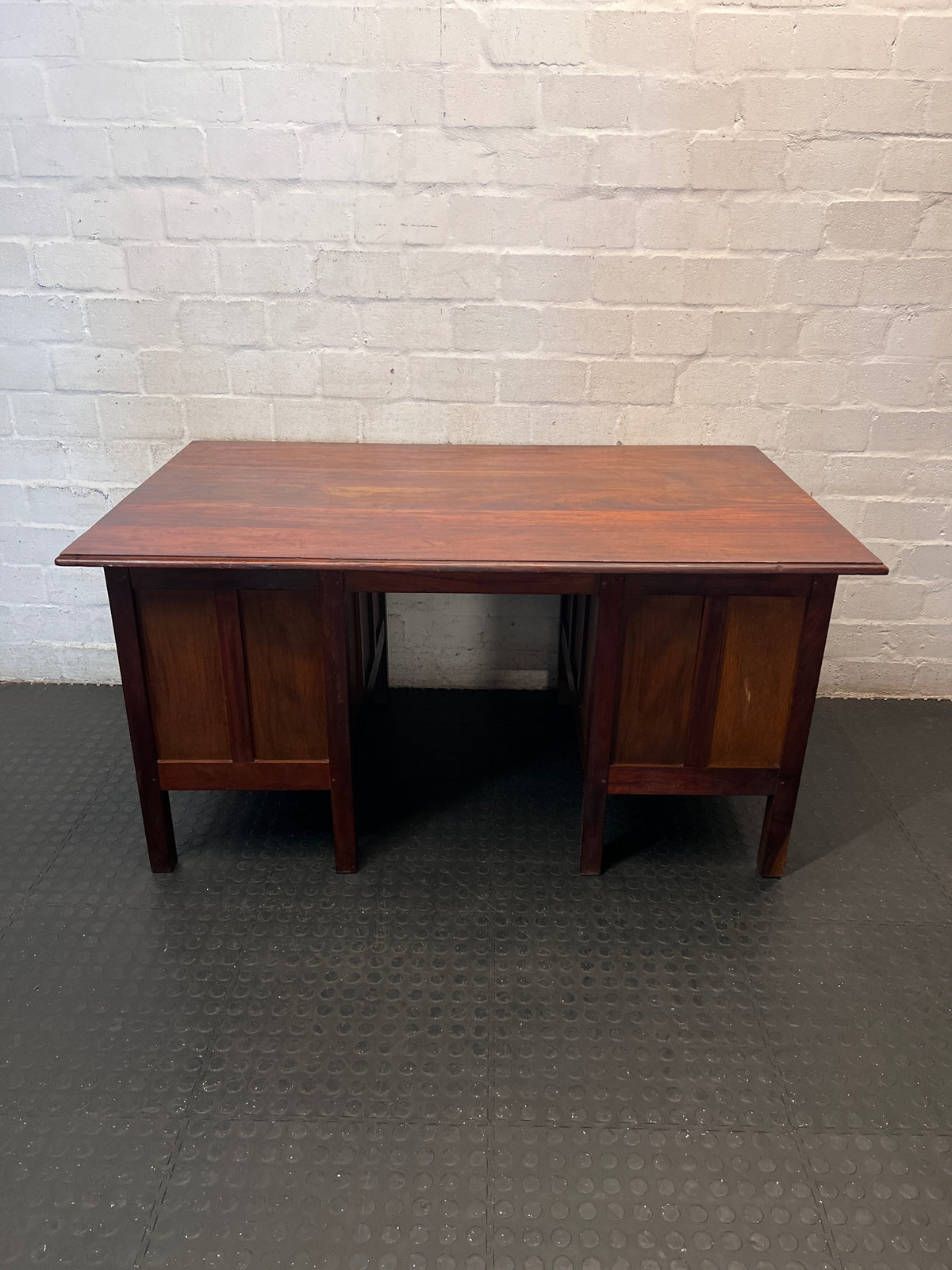 Classic Brown Wooden Office Desk with Six Drawers – back view