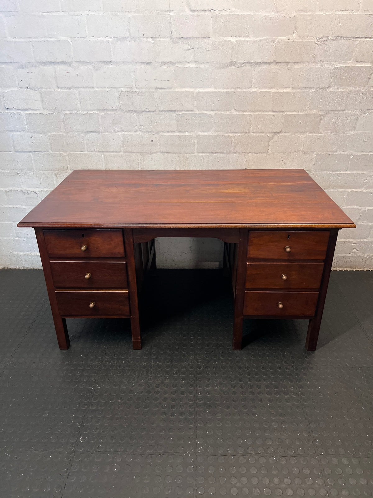 Classic Brown Wooden Office Desk with Six Drawers – main front view