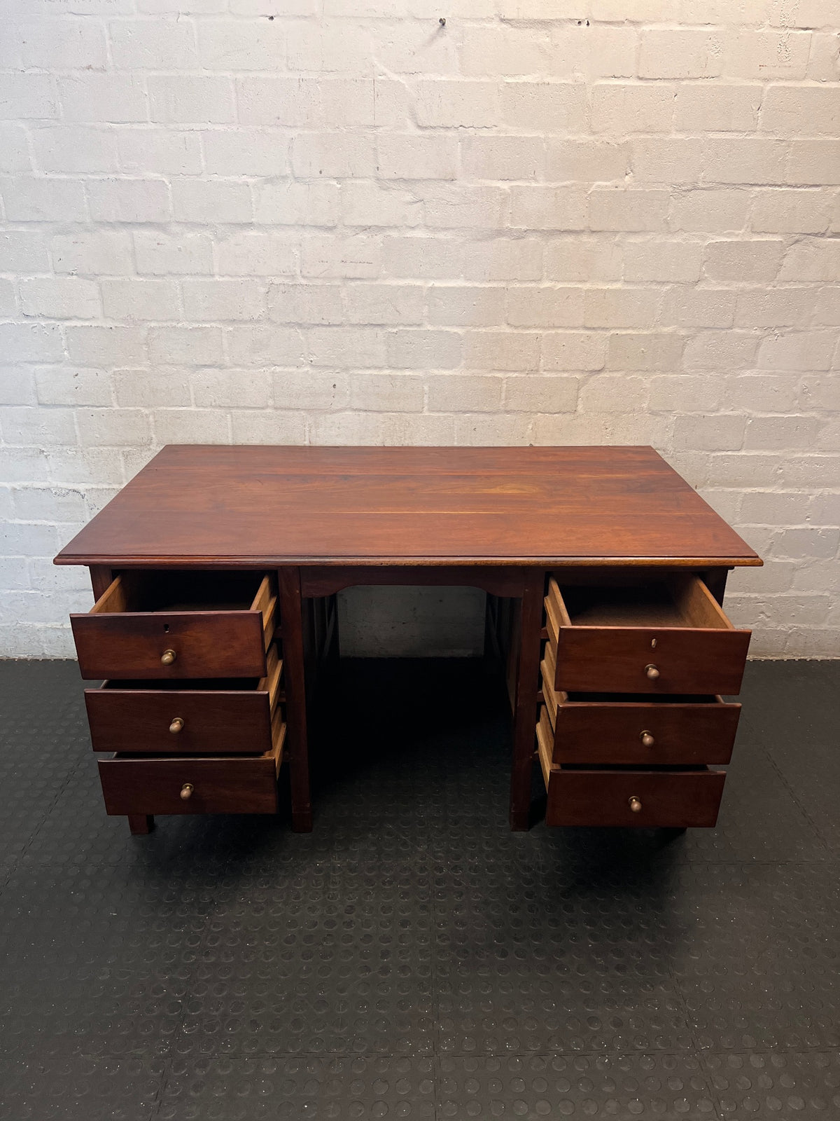 Classic Brown Wooden Office Desk with Six Drawers – side view