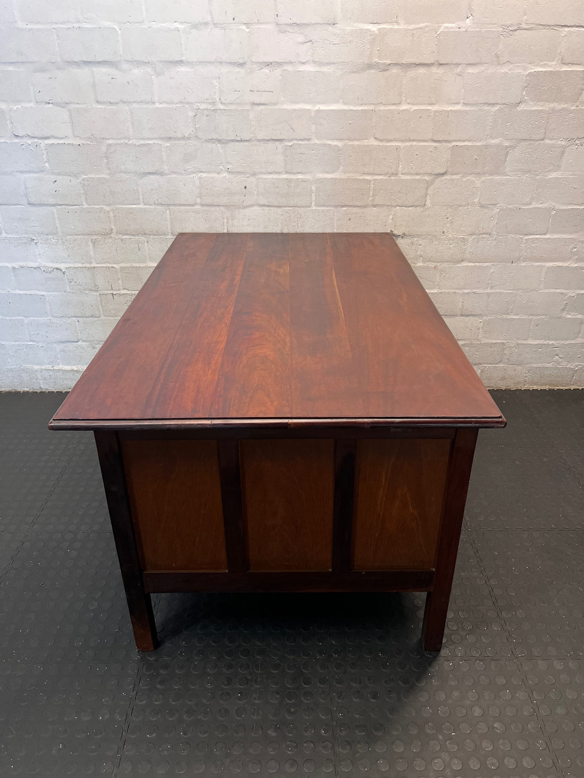 Classic Brown Wooden Office Desk with Six Drawers – top view